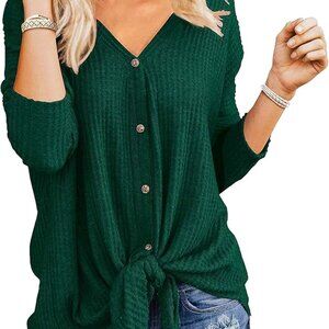 NWOT IWOLLENCE 2XL Plus Waffle Knit Tie Knot Tunic Top Green Long Sleeve Batwing